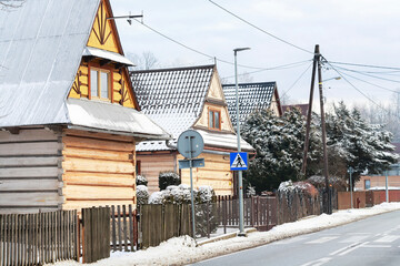 CHOCHOLOW, POLAND - DECEMBER 26, 2025: Wooden architecture of Chocholow, willage near the Zakopane, Poland.