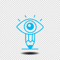 Fototapeta premium Blue line art eye symbol with pencil and radiating lines on transparent background vision drawing