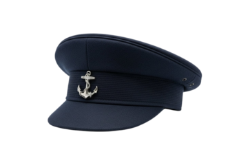 Navy captain's peaked hat with silver anchor emblem isolated on transparent background