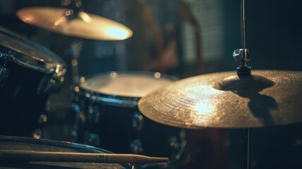 Obraz premium Focused medium shot of a jazzstyle drum set highlighting the ride cymbal and hihat with the rest of the kit subtly blurred for a smooth expressive feel.