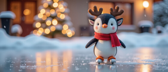 Cute penguin figure with antlers and red scarf skating on ice, surrounded by snowy landscape and decorated Christmas tree in background