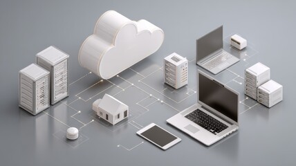 Cloud technology and iot devices connected to digital storage in a modern data center with smart home communication featuring laptop, tablet, and smartphone online connectivity