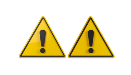 Two 3D rendered yellow warning signs with black exclamation marks, set against a stark black backdrop