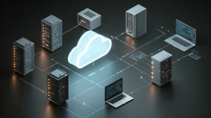 Cloud technology and iot devices connected to digital storage in a modern data center with smart home communication featuring laptop, tablet, and smartphone online connectivity