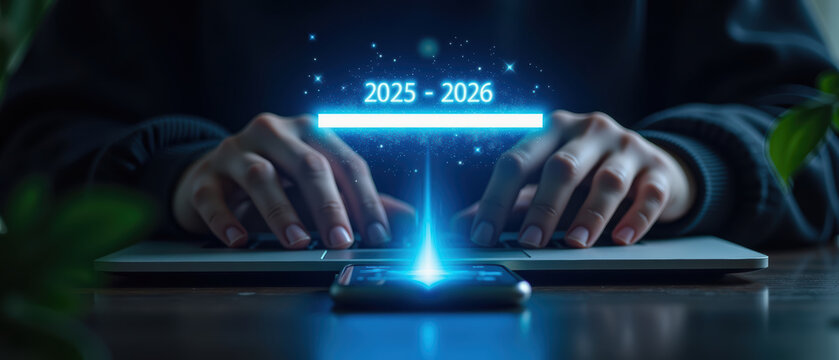 Futuristic technology digital interface hands typing laptop smartphone glowing effect time transition innovation workspace modern design - Powered by Adobe