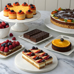 Sweet pastries with berries. Showcase in a candy store. Glass stand with cake eclairs and tartlets. refrigerator shelves with sweets. Confectioner's work space