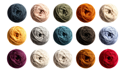 Fifteen colorful balls of yarn arranged in a grid against a black background
