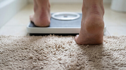 Stepping on the Weighing Scale: A close-up captures bare feet poised on a weighing scale, suggesting a focus on health, fitness, or weight management.