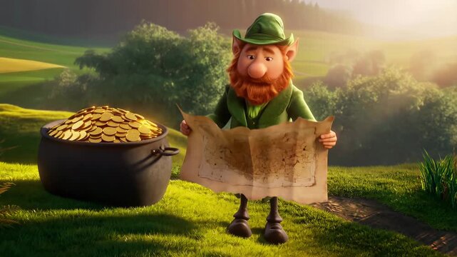 Magical leprechaun with map and pot of gold in lush green Irish landscape under warm sunlight