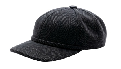 A dark gray, patterned cap with a curved visor and a button on top