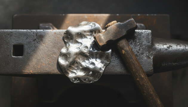 Anvil and hammer with forged silver metal piece in blacksmith workshop. Professional craftsman handmade tool for steel iron forging metallurgy process in rustic industrial smithy studio setting. - Powered by Adobe