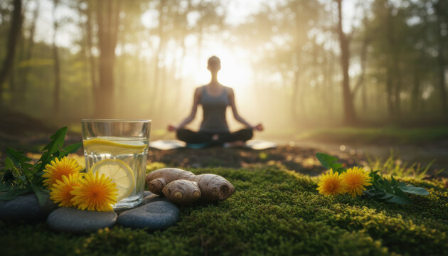 Healthy wellness lifestyle featuring yoga meditation and detox lemon ginger water in a misty nature forest during golden morning sunlight for holistic health, balance, and mindfulness.