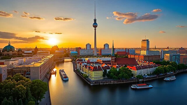 aerial drone shot of berlin skyline with tv tower and spree river at sunset germany video