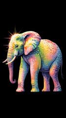 Vibrant rainbow elephant standing against black background