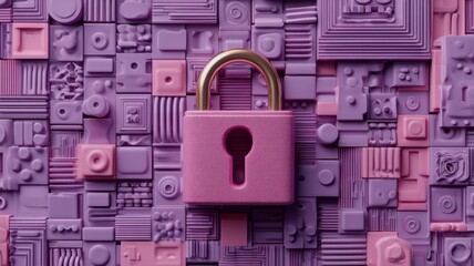 Cybersecurity services concept with secure digital connection, privacy protection, and safety lock close-up in futuristic purple and pink technology design