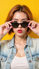 Naklejka premium Stylish woman wearing sunglasses, posing confidently against vibrant yellow background. Her short hair and trendy outfit enhance modern aesthetic