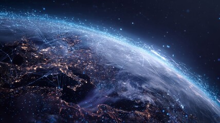Futuristic global network concept with digital earth and connected world technology representing data exchange, internet connectivity, and advanced digital communication systems