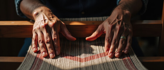 Hands working on weaving loom, showcasing intricate craftsmanship and attention to detail. warm light highlights texture of fabric