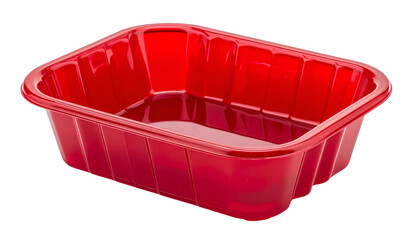Bright red rectangular plastic container with ridged sides on black background