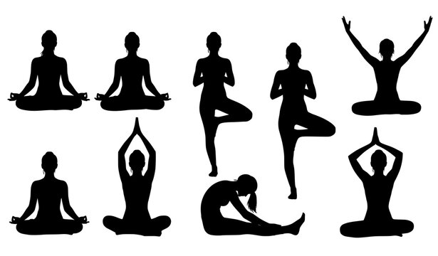 Women yoga silhouette vector set with meditation and stretching poses isolated on white