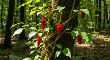 Red schisandra berry clusters growing on a wild vine wrapped around a mossy tree trunk in a deep forest. This healthy organic fruit represents botanical growth and nature in the wild woods.