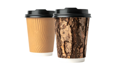 Two takeaway coffee cups, one plain brown, the other with a bark-like texture