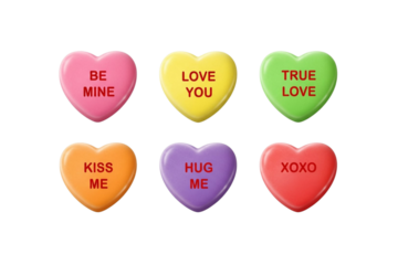 Six colorful conversation heart candies with romantic messages isolated on transparent background