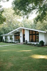 Obraz premium A contemporary house design featuring expansive windows, set against a backdrop of a lush green lawn, situated in a peaceful suburban neighborhood under clear daylight