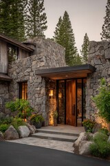 Fototapeta premium The entrance of a contemporary stone house is beautifully framed by lush trees and vibrant plants, set against the backdrop of a mountainous area illuminated by the soft glow of evening light
