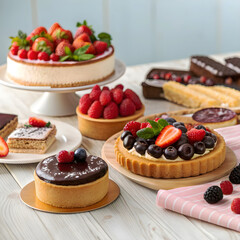 Artistic watercolor painting of mixed berry tarts and cake