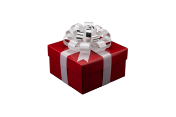 Red gift box with elegant white ribbon and bow, isolated on transparent background