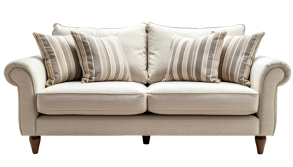 Soft off-white two-seater sofa with two striped pillows, brown legs, and scrolled arms