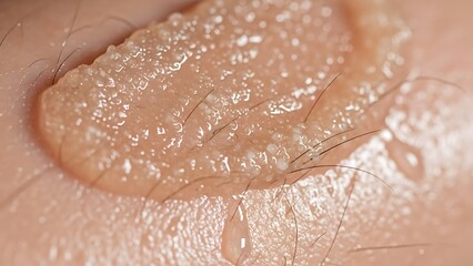 Fototapeta premium Extreme Close-up of Allergic Skin Reaction with Blister-like Hives, Fluid Droplets, and Irritation, Indicating a Dermatological Condition
