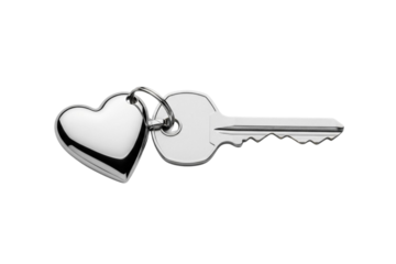 Silver key with heart shaped keychain isolated on transparent background