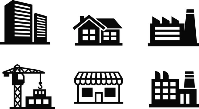 Urban building and industrial architecture icon set, skyscraper office, residential house, factory plant, construction crane and storefront symbols