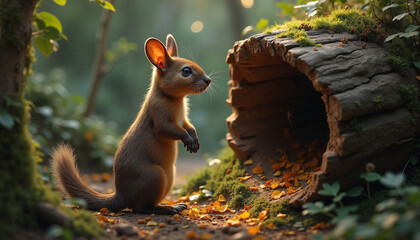 Cute squirrel standing beside hollow log in sunlit forest  