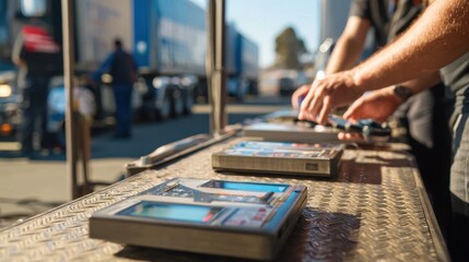 Fototapeta premium Weigh station personnel monitoring weight scales while a truck is partially visible focusing on the operators hands handling inspection tools with a soft background blur.