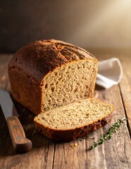 Rustic Sliced Loaf of Whole Grain Bread on Wooden Table with Knife.
