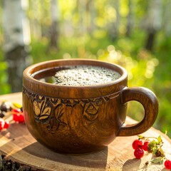 Rustic Wooden Mug with Herbal Tea and Berries in a Forest Setting.