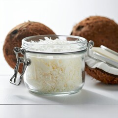 Shredded coconut in a glass jar with whole coconuts in the background on a white wooden surface.