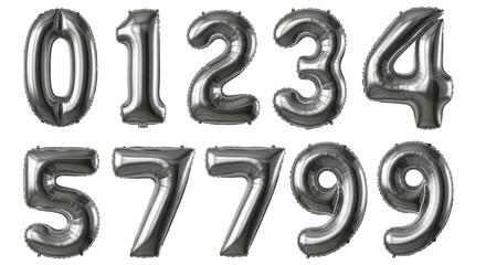 detailed, large silver metallic foil balloon numbers (0-9) floating in two rows. isolated on a seamless transparent background with copy space, lit by hard studio strobes emphasizing reflectivity.