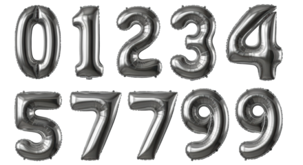 detailed, large silver metallic foil balloon numbers (0-9) floating in two rows. isolated on a seamless transparent background with copy space, lit by hard studio strobes emphasizing reflectivity.