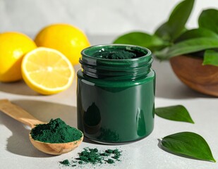 Spirulina Powder and Paste with Fresh Lemons and Green Leaves.