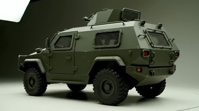 Armored military vehicle rotates on studio platform display. Green tactical truck shows armor protection system. Military vehicle on turntable. Combat truck displays armor in studio presentation.