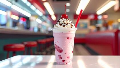 Strawberry Milkshake with Whipped Cream and Cherry in a Retro Diner Setting.