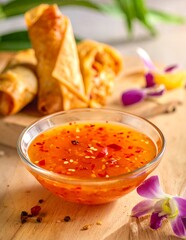 Sweet Chili Sauce with Spring Rolls on a Wooden Board.