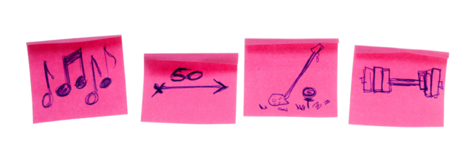  Collection of red sheets of note papers, curled corner with drawn symbols and signs, isolated on white background, clipping path