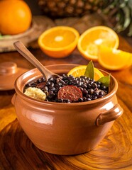 Traditional Brazilian Feijoada in Clay Pot with Oranges and Pineapple.