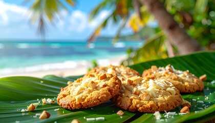 Tropical Peanut Cookies on Banana Leaf with Beach Background.