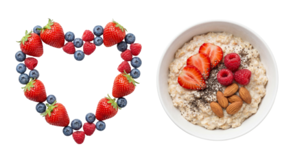 Heart shaped berries and oatmeal bowl with nuts on trasparent background